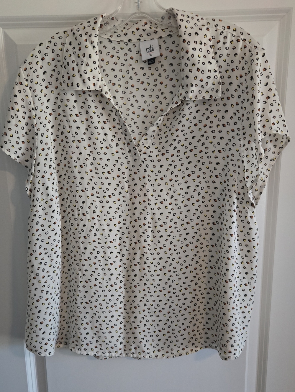 CAbi White Short-Sleeve Blouuse with Black,orange And Yellow Spots